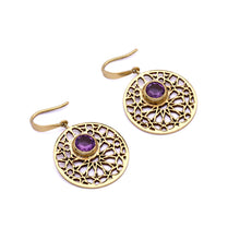 Load image into Gallery viewer, Brass Earrings| Amethyst Earrings| Islamic Geometric Patterns| Pietra Dura