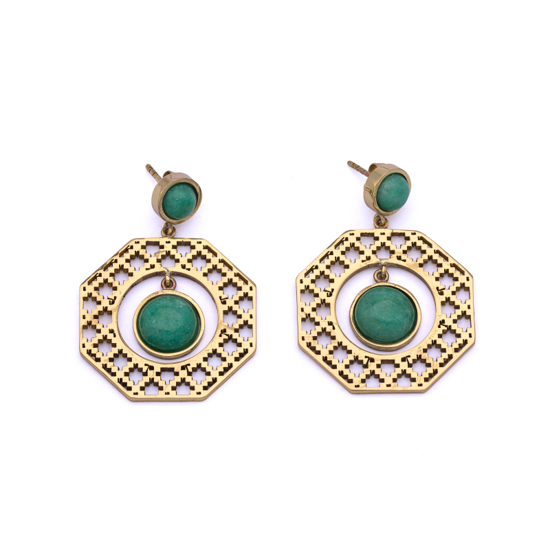 Brass Earrings| Aventurine Earrings| Islamic Geometric Patterns| Pietra Dura