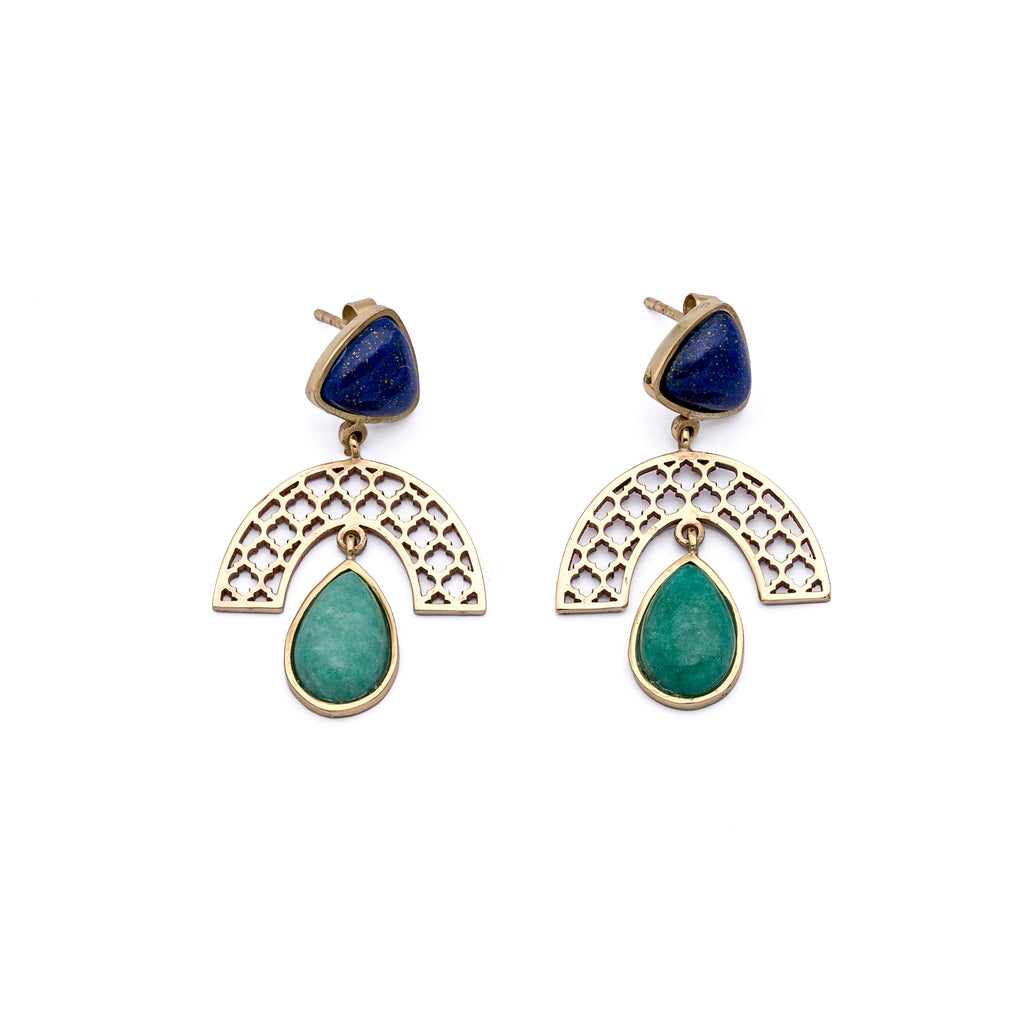 Brass Earrings| Lapis Lazuli Earrings| Islamic Geometric Patterns| Pietra Dura
