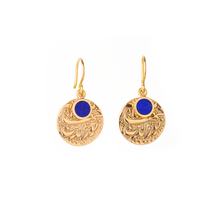 Load image into Gallery viewer, Gold plated silver earrings with natural lapis lazuli inlay and mughal replica coin