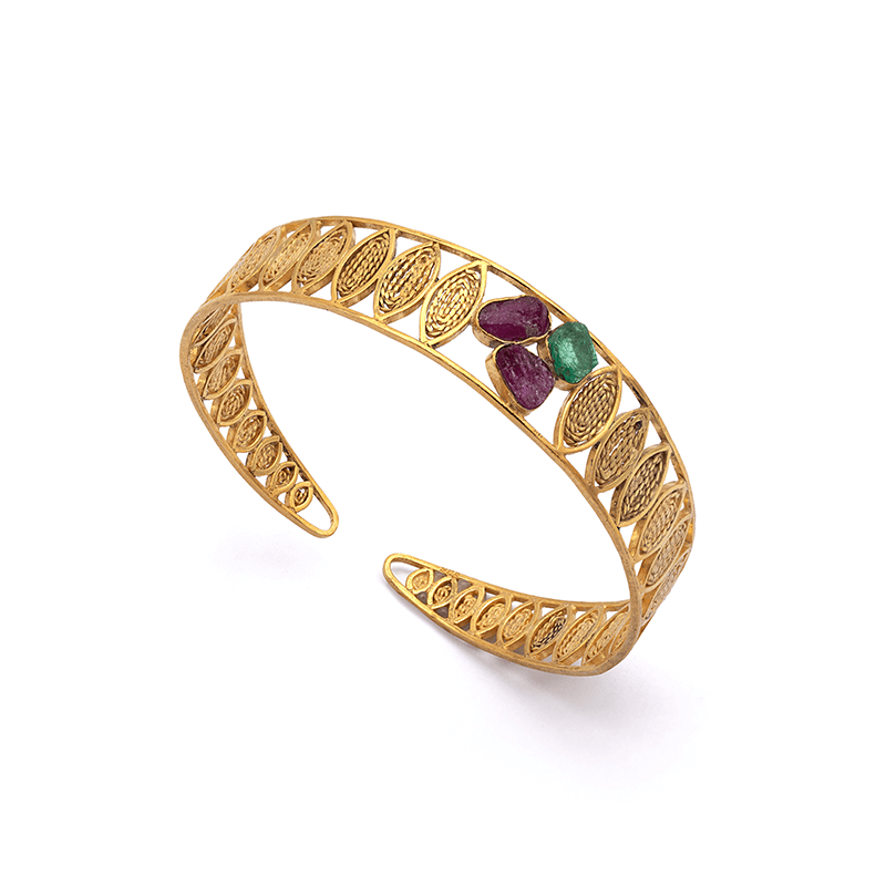 Exquisite Ruby and Emerald -  Silver Gold Plated Bangle