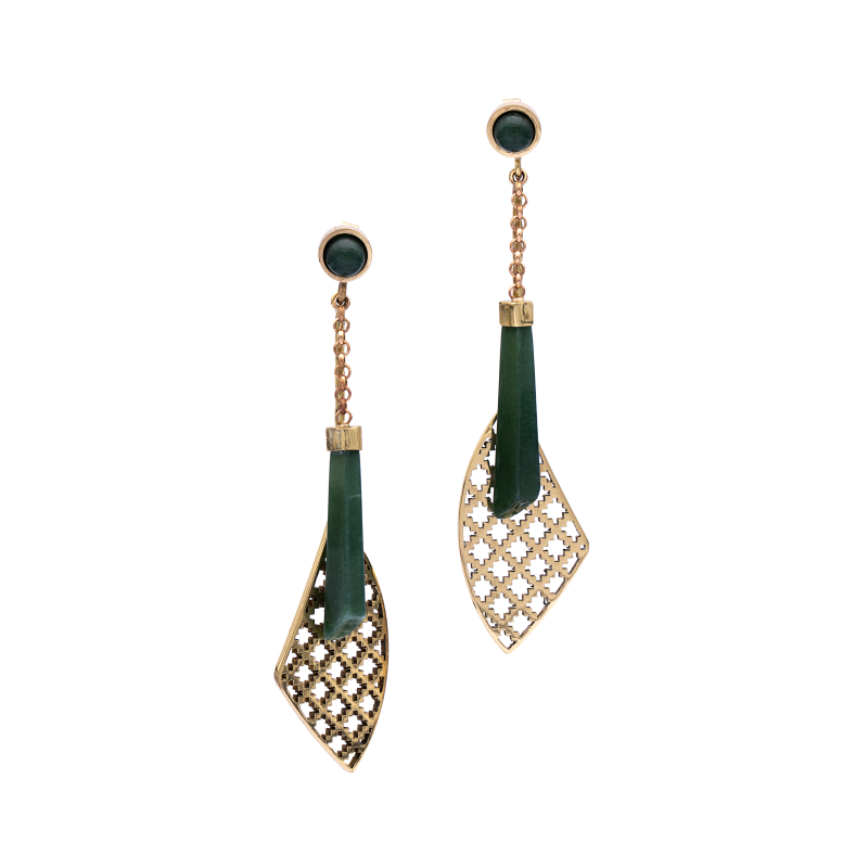 Brass Earrings| Nephrite Jade Earrings| Islamic Geometric Patterns| Pietra Dura