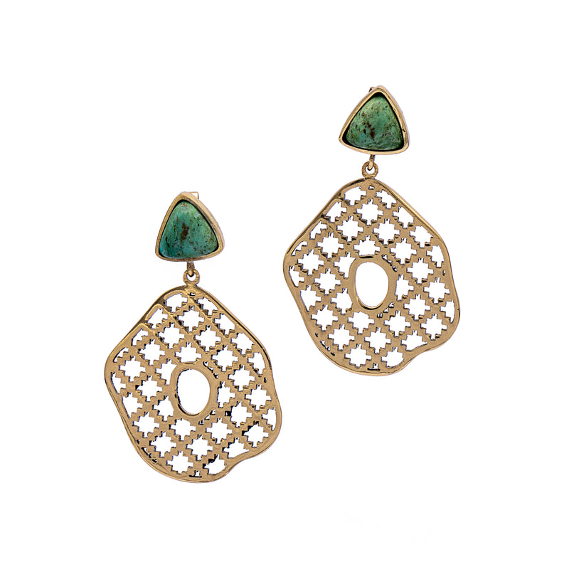 Brass Earrings| Aventurine Earrings| Islamic Geometric Patterns| Pietra Dura