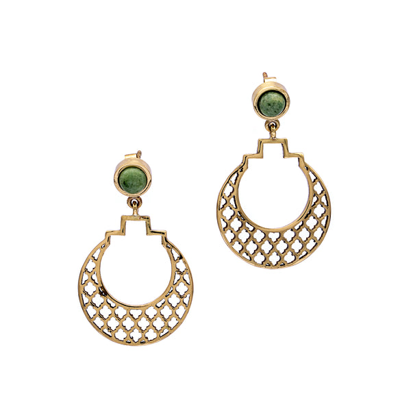 Brass Earrings| Aventurine Earrings| Islamic Geometric Patterns| Pietra Dura