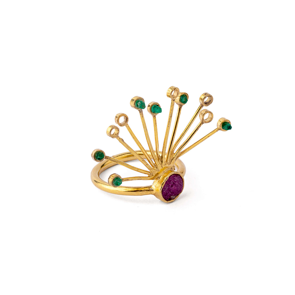 Peacock Splendor Ruby and Emerald Ring