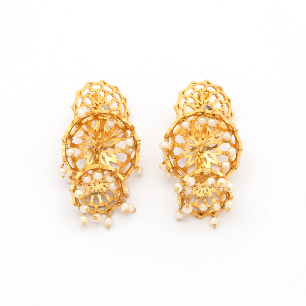 Brass Earrings| Pearl Earrings| Islamic Geometric Patterns| Topaz Earrings