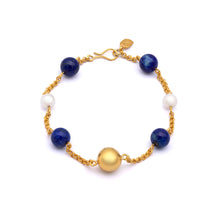 Load image into Gallery viewer, Oceanic Elegance - Silver Gold Plated Lapis Lazuli and Pearl Bracelet