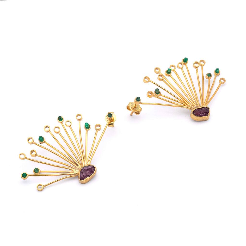 Peacock Splendor - Ruby and Emerald Earrings