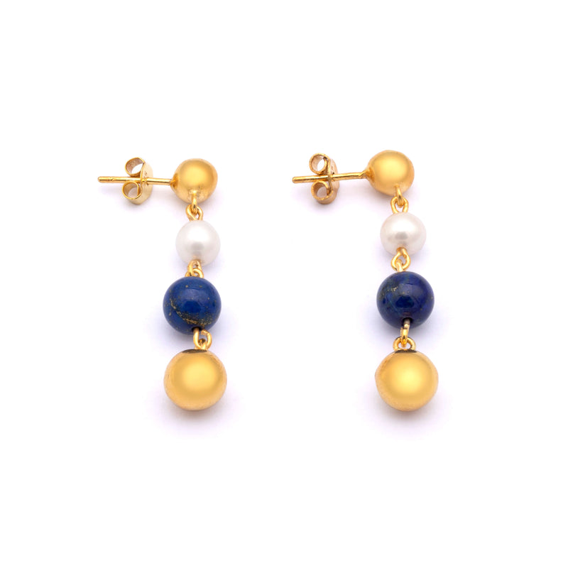Lapis Pearl Splendor - Silver Gold Earrings