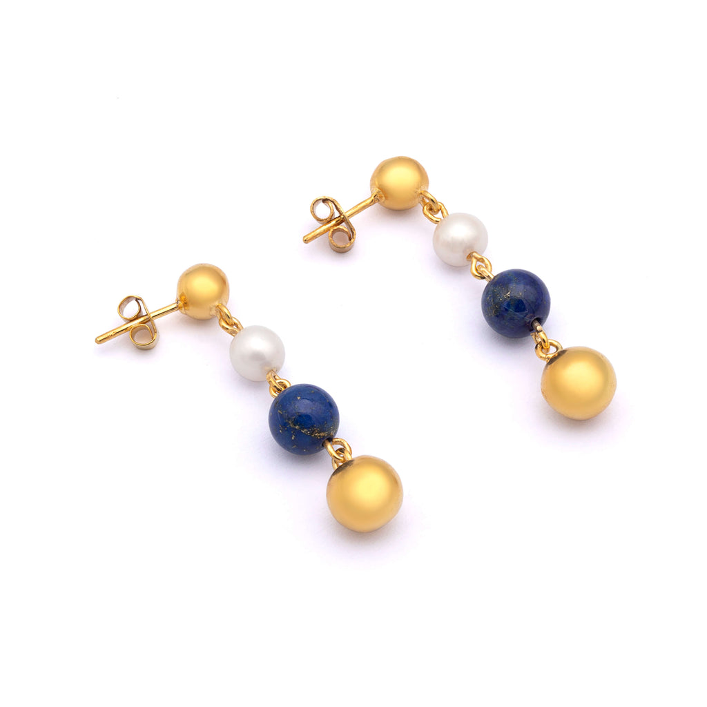Lapis Pearl Splendor - Silver Gold Earrings
