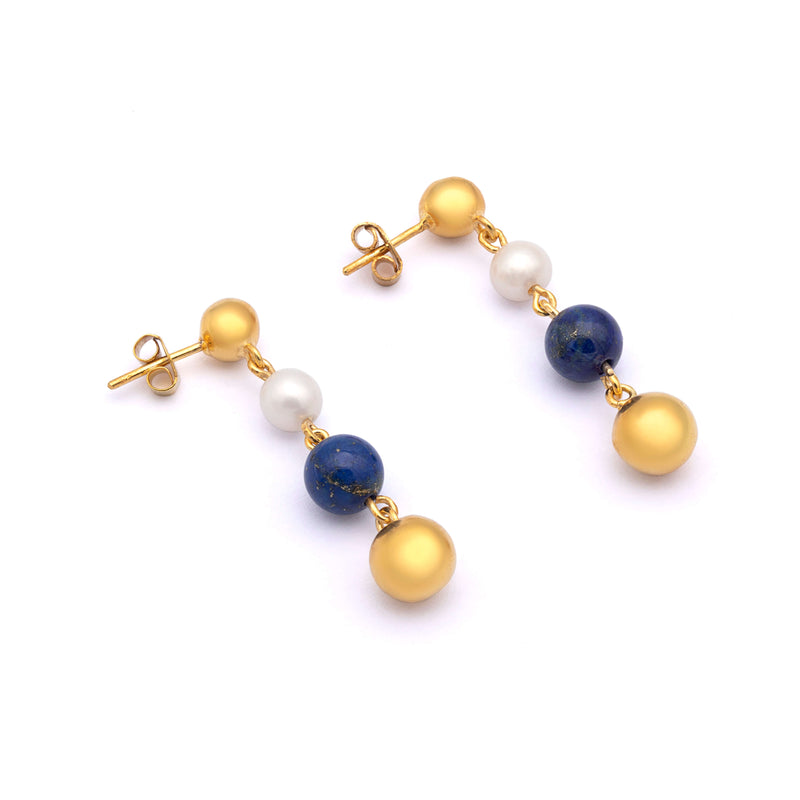 Lapis Pearl Splendor - Silver Gold Earrings