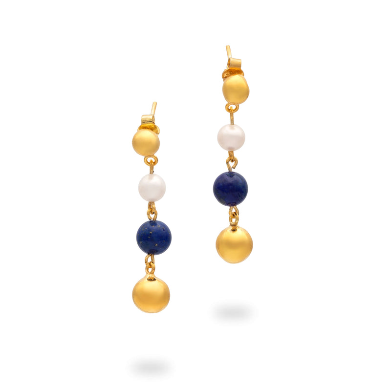 Lapis Pearl Splendor - Silver Gold Earrings