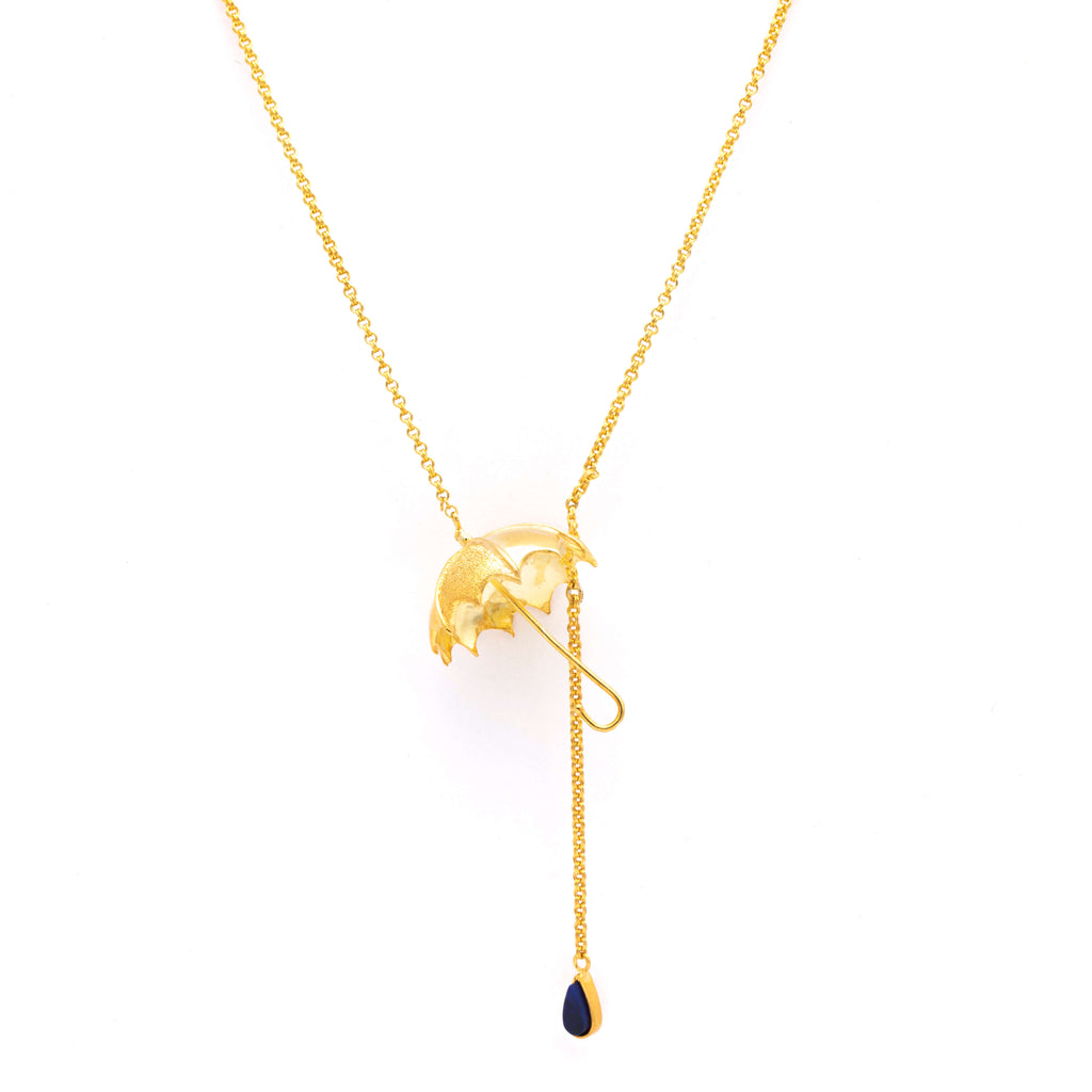 Umbrella Charm - Silver Gold Plated Lapis Lazuli Necklace