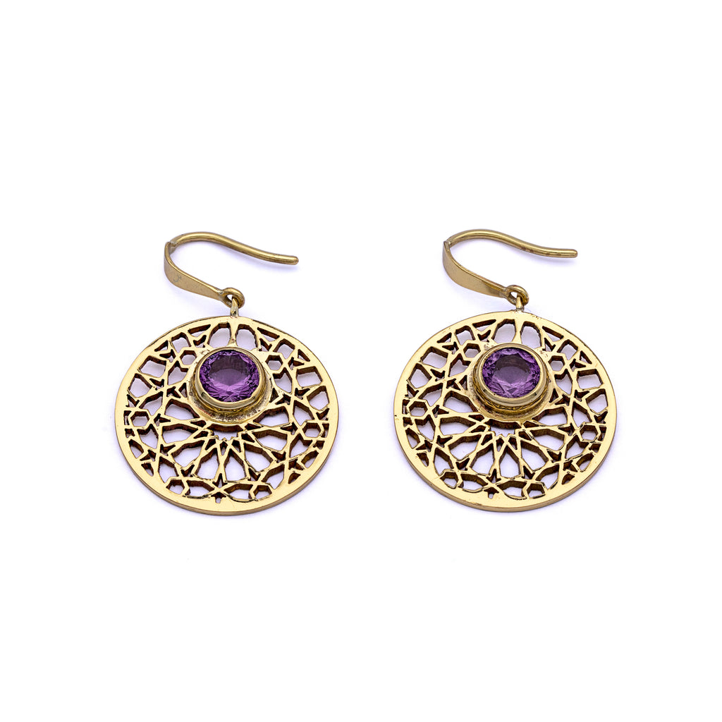 Brass Earrings| Amethyst Earrings| Islamic Geometric Patterns| Pietra Dura
