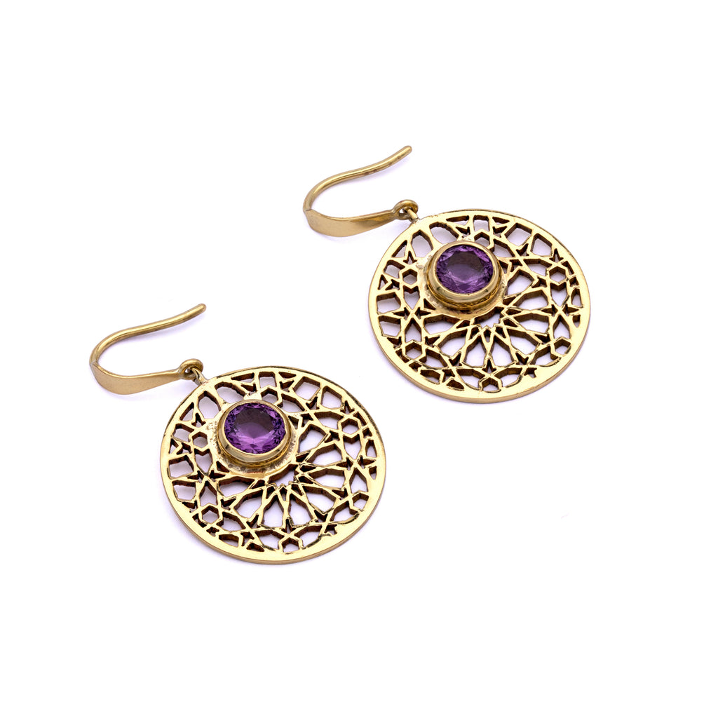 Brass Earrings| Amethyst Earrings| Islamic Geometric Patterns| Pietra Dura