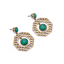 Load image into Gallery viewer, Brass Earrings| Aventurine Earrings| Islamic Geometric Patterns| Pietra Dura