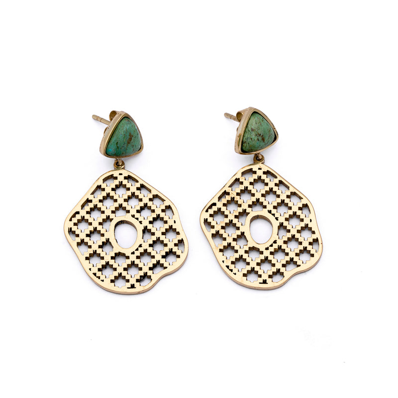 Brass Earrings| Aventurine Earrings| Islamic Geometric Patterns| Pietra Dura