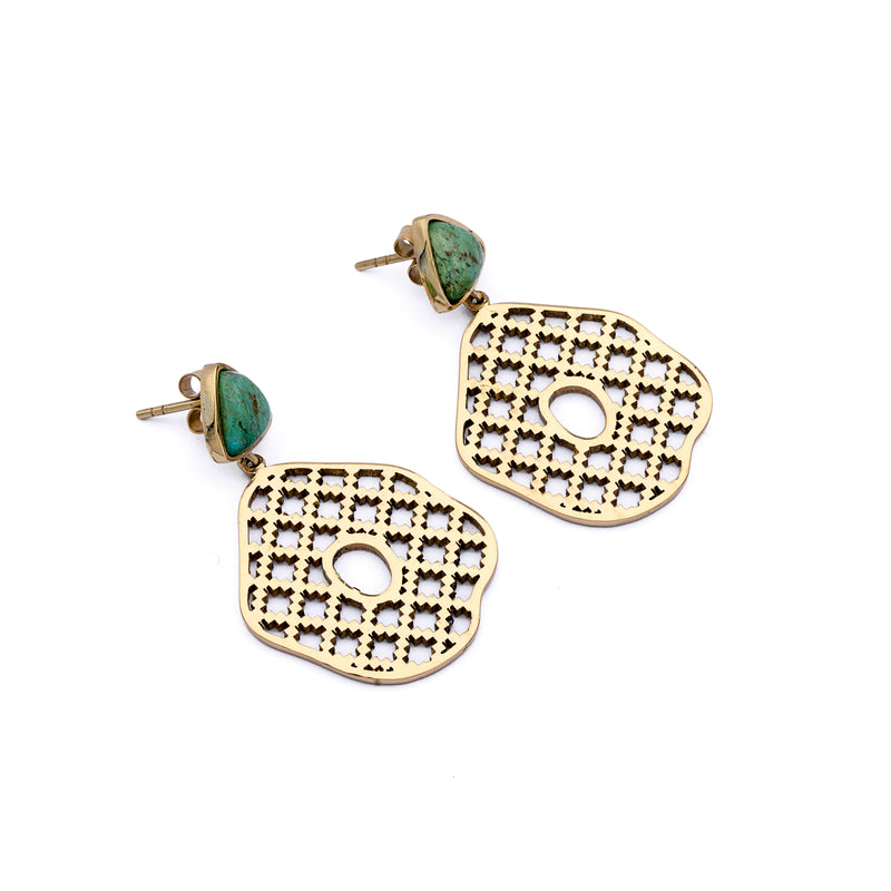 Brass Earrings| Aventurine Earrings| Islamic Geometric Patterns| Pietra Dura