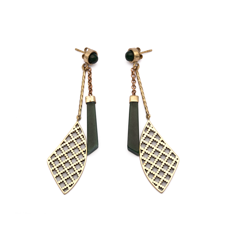 Brass Earrings| Nephrite Jade Earrings| Islamic Geometric Patterns| Pietra Dura