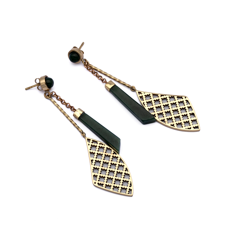 Brass Earrings| Nephrite Jade Earrings| Islamic Geometric Patterns| Pietra Dura