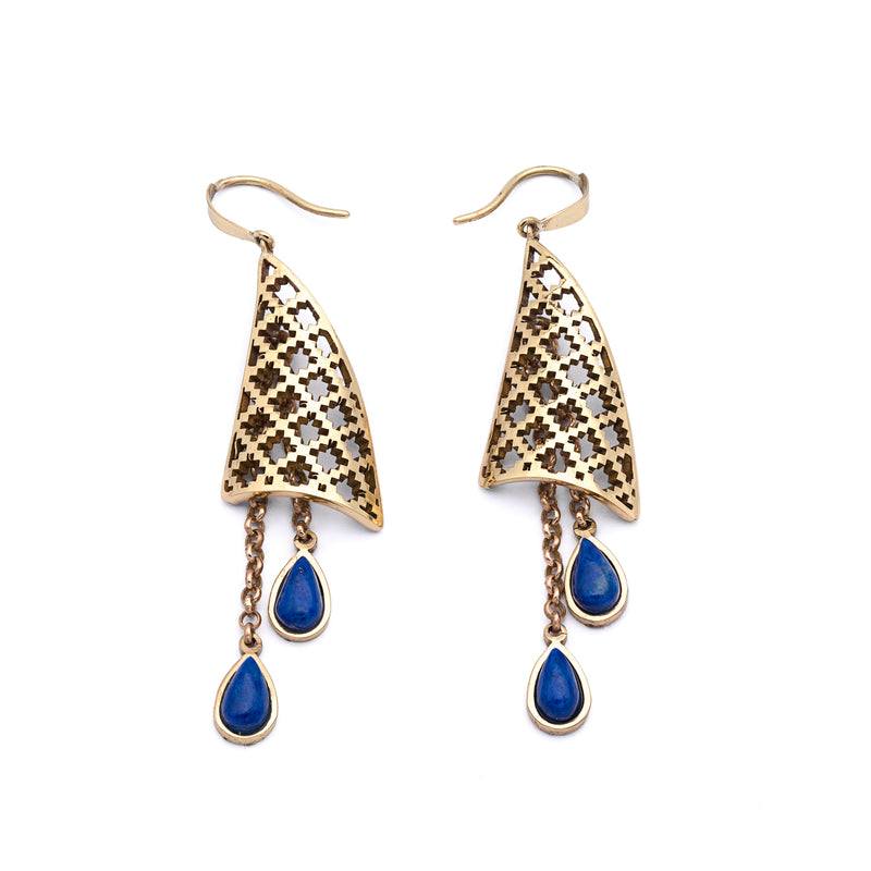 Brass Earrings| Lapis Lazuli Earrings| Islamic Geometric Patterns| Pietra Dura