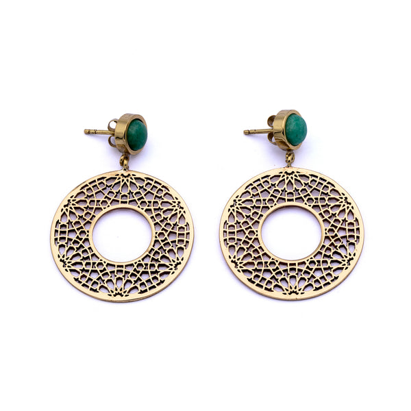 Brass Earrings| Aventurine Earrings| Islamic Geometric Patterns| Pietra Dura