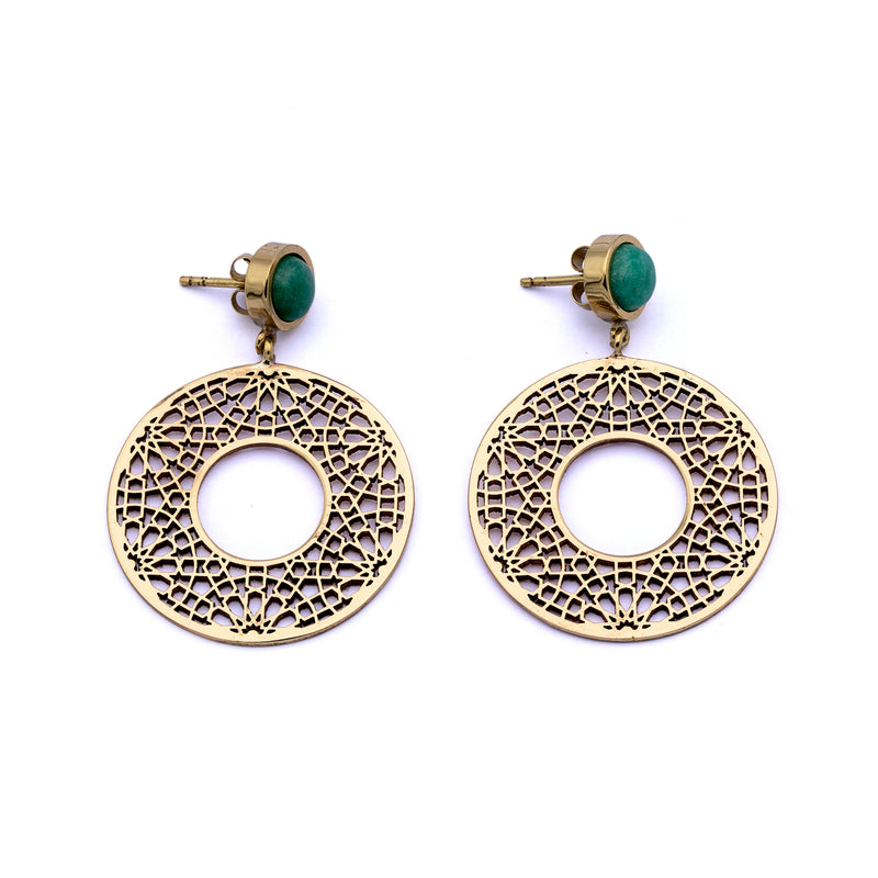 Brass Earrings| Aventurine Earrings| Islamic Geometric Patterns| Pietra Dura