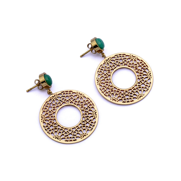 Brass Earrings| Aventurine Earrings| Islamic Geometric Patterns| Pietra Dura