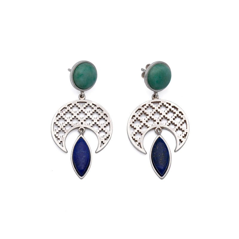 Silver Earrings| Lapis Lazuli Earrings| Islamic Geometric Patterns| Pietra Dura