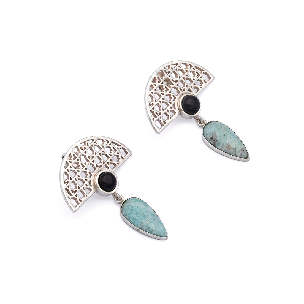 Silver Earrings| Amazonite Earrings| Islamic Geometric Patterns| Pietra Dura