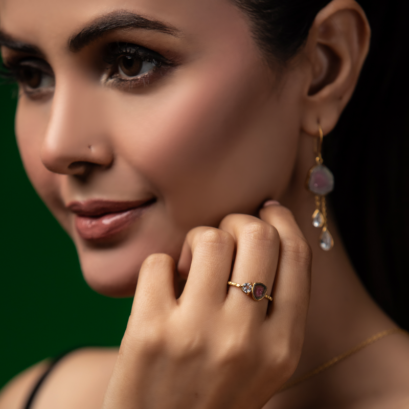 Shabnam - Silver Gold Plated Tourmaline Ring