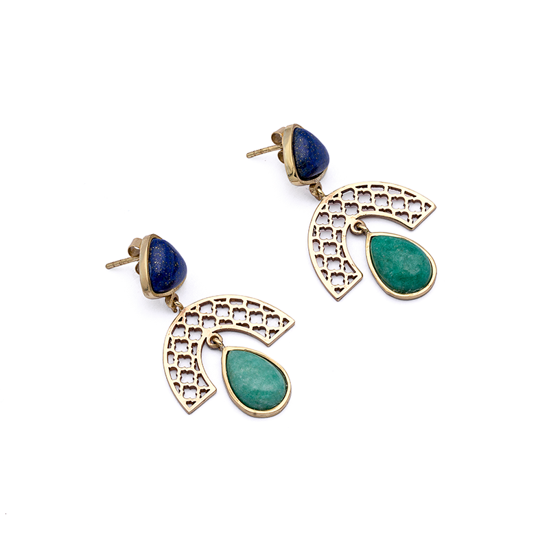 Brass Earrings| Lapis Lazuli Earrings| Islamic Geometric Patterns| Pietra Dura