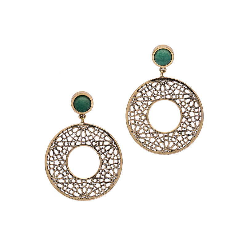 Brass Earrings| Aventurine Earrings| Islamic Geometric Patterns| Pietra Dura