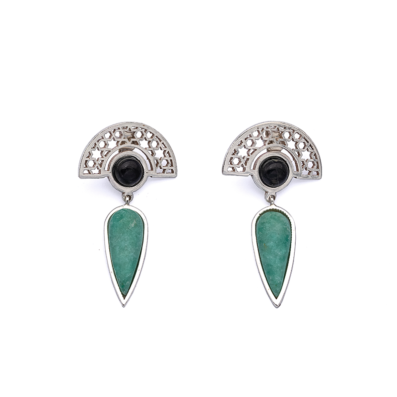 Silver Earrings| Aventurine Earrings| Islamic Geometric Patterns| Pietra Dura