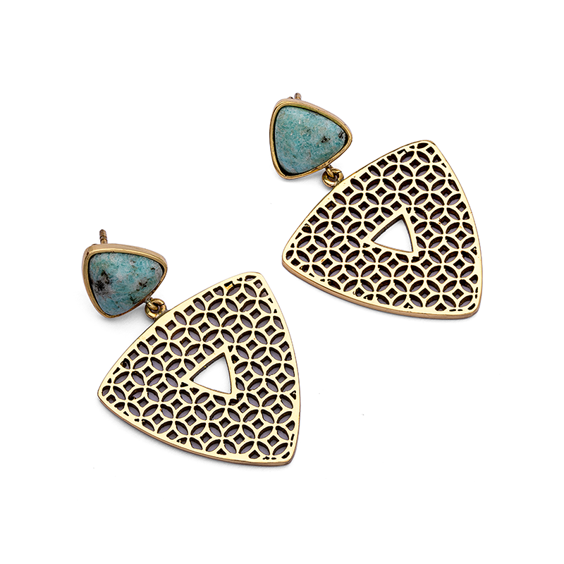 Brass Earrings| Amazonite Earrings| Islamic Geometric Patterns| Pietra Dura