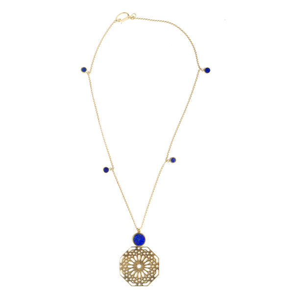 Geometric pattern natural lapis lazuli brass necklace