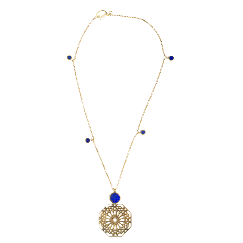 Geometric pattern natural lapis lazuli brass necklace