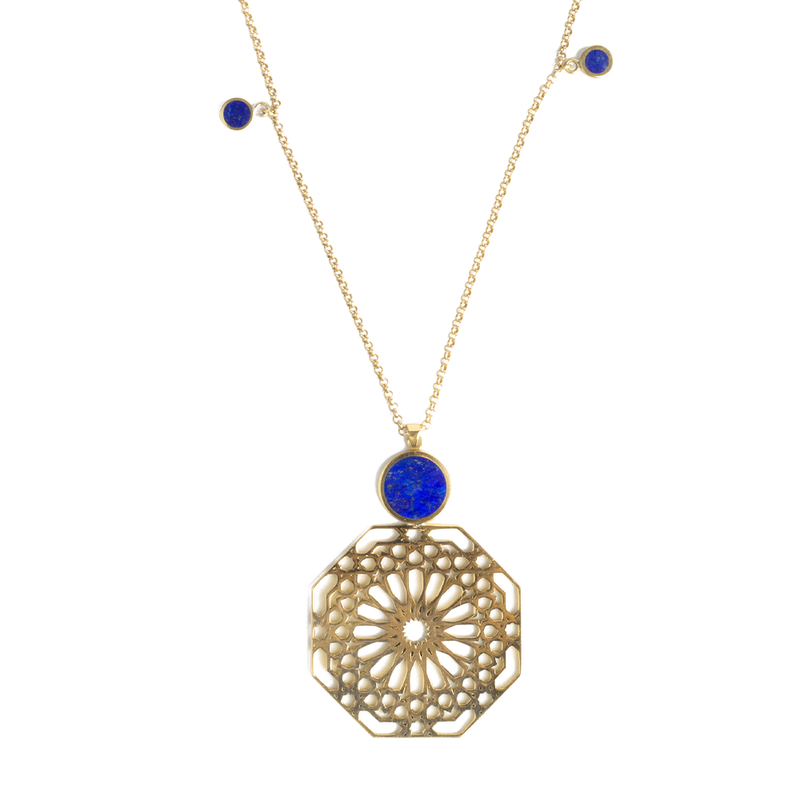 Geometric pattern natural lapis lazuli brass necklace