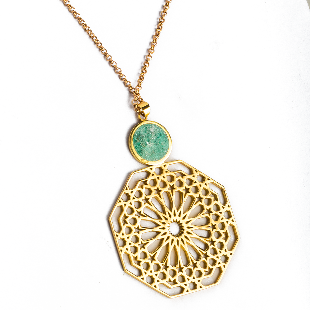 Geometric pattern necklace with gemstones, aventurine necklace, brass necklace
