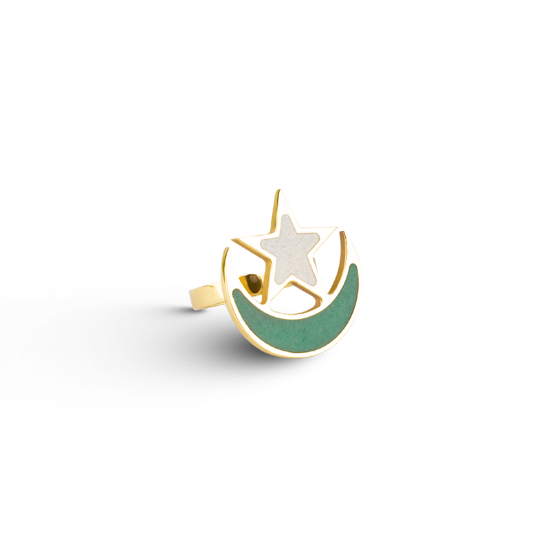 Adjustable pakistan flag ring with aventurine and marble inlay-Pietra dura