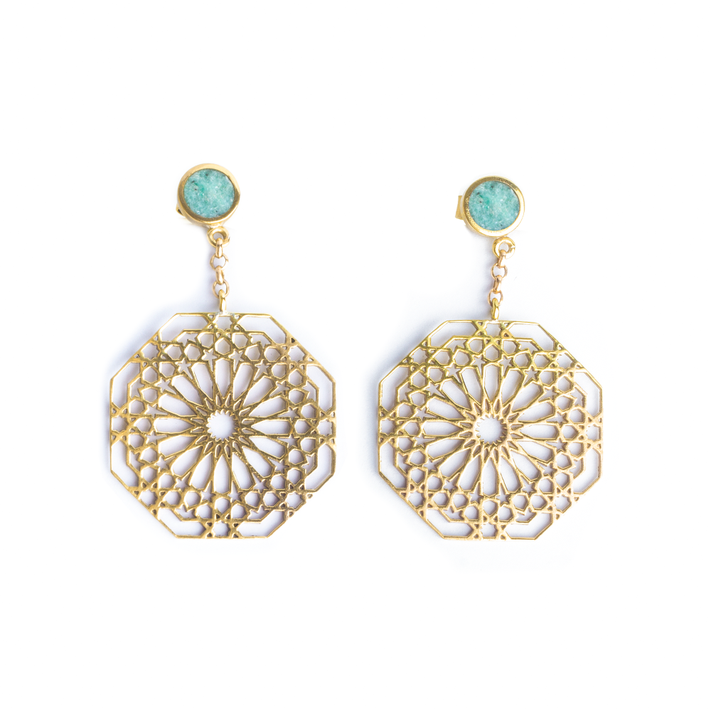 geometric pattern earrings with gemstones for women. amazonite stone