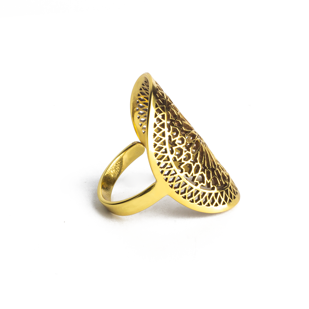 Side view of islamic geometric pattern brass ring for women