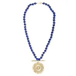 Geometric pattern round beads lapis lazuli brass necklace