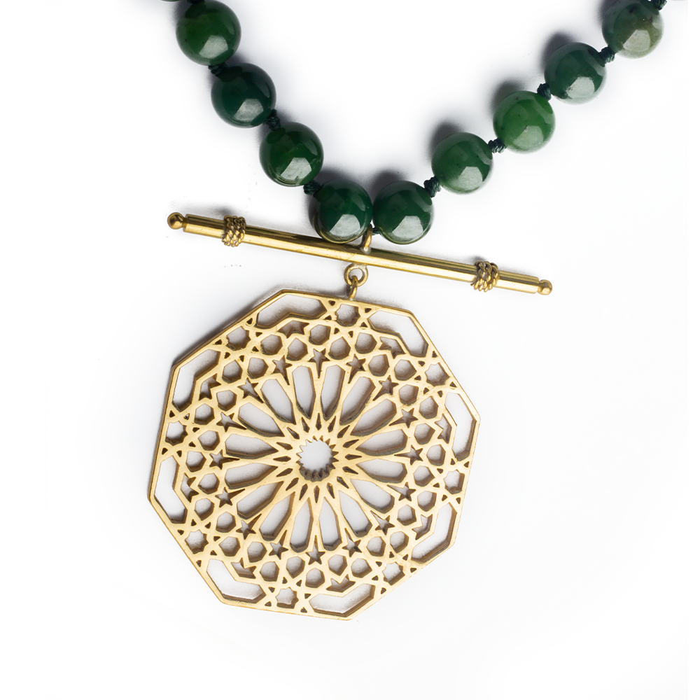 Gemstone necklace, nephrite jade necklace, geometric pattern necklace