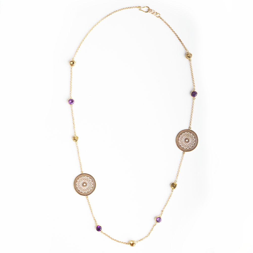 Geometric pattern amethyst and citrine brass necklace