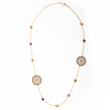 Load image into Gallery viewer, Geometric pattern amethyst and citrine brass necklace