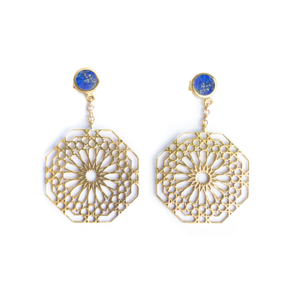 Geometric pattern earrings , brass earrings, stone inlay earrings