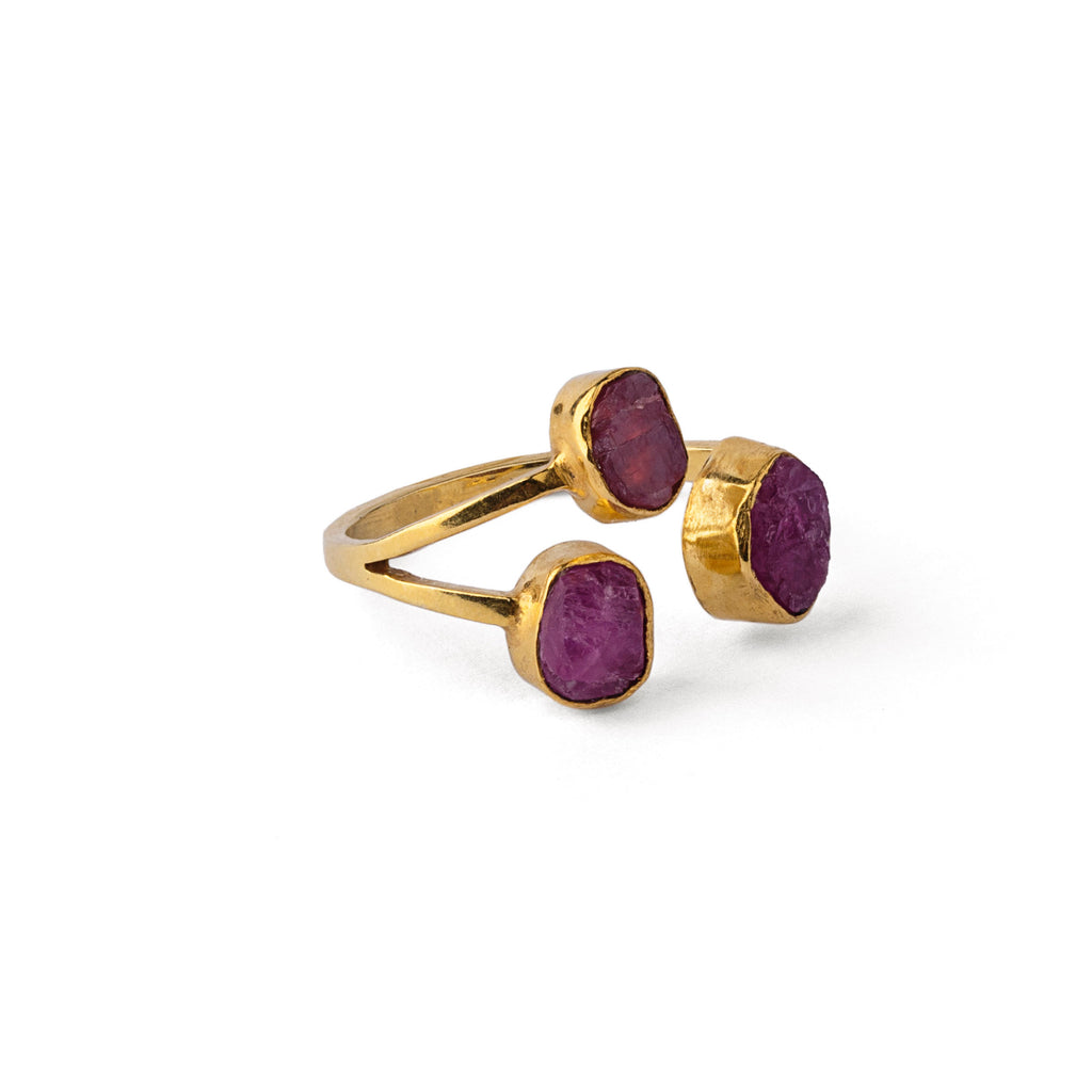 Radiant Ruby Trio - Silver Gold Plated Ring