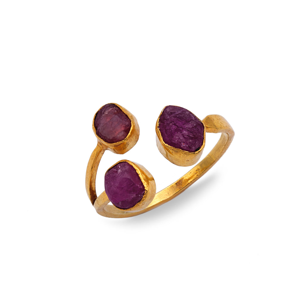 Radiant Ruby Trio - Silver Gold Plated Ring