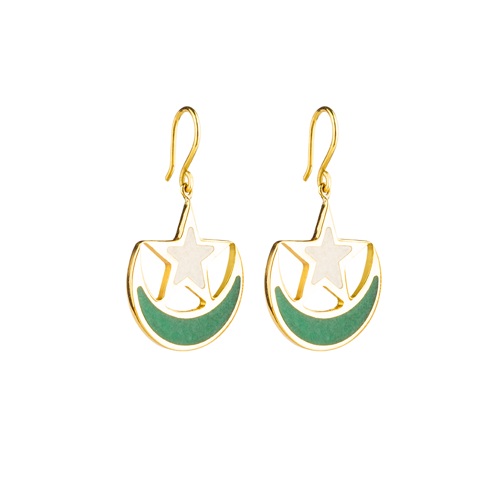 Pakistan flag earrings with aventurine and marble inlay-Pietra Dura